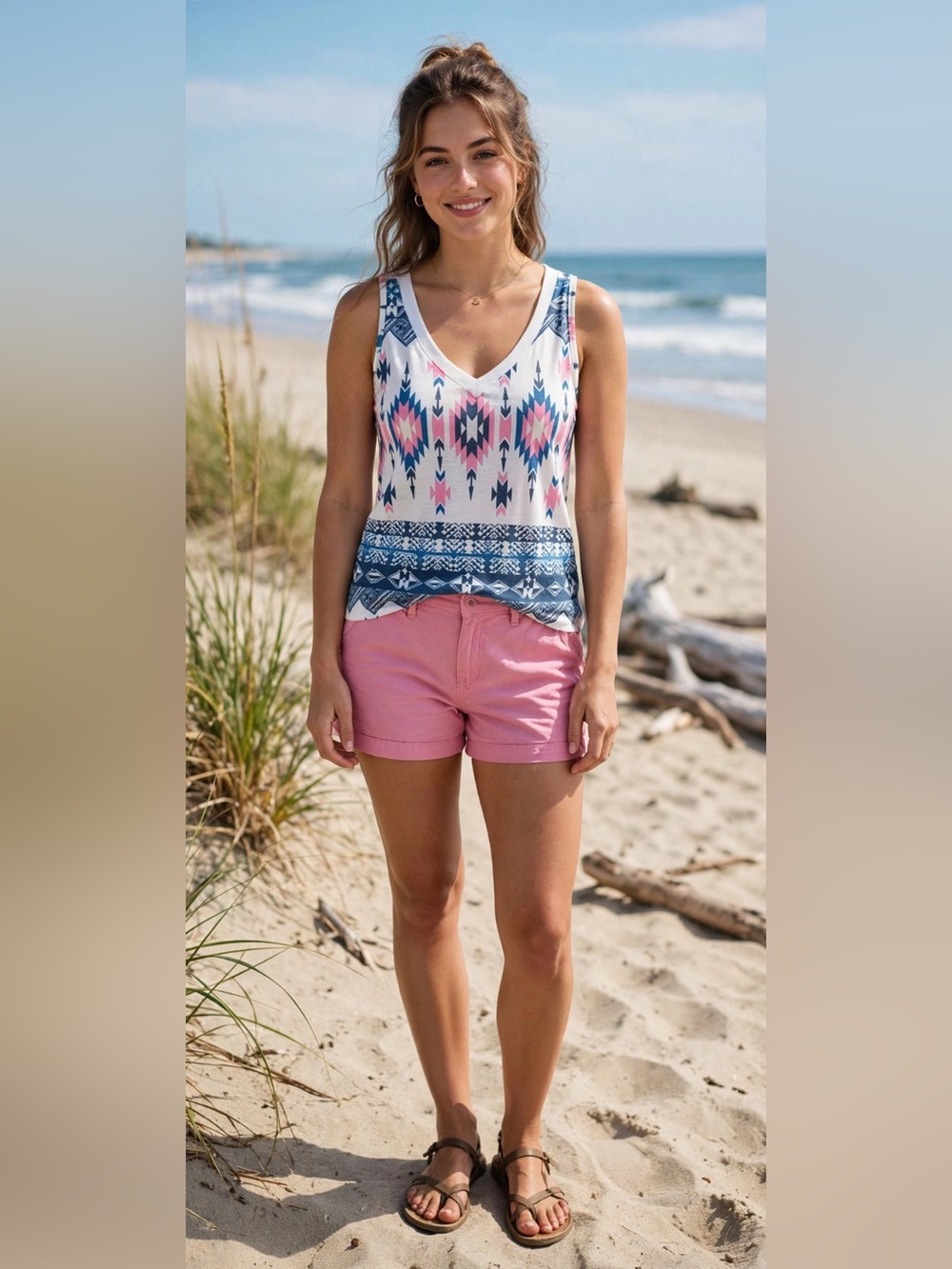 Avery White Tank with Pink & Blue Aztec Print